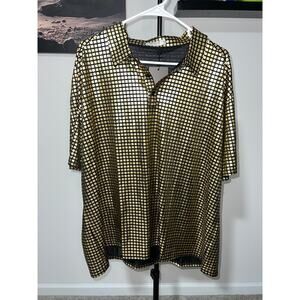 Gold metallic button-down disco shirt Womens Top sz 3XL
